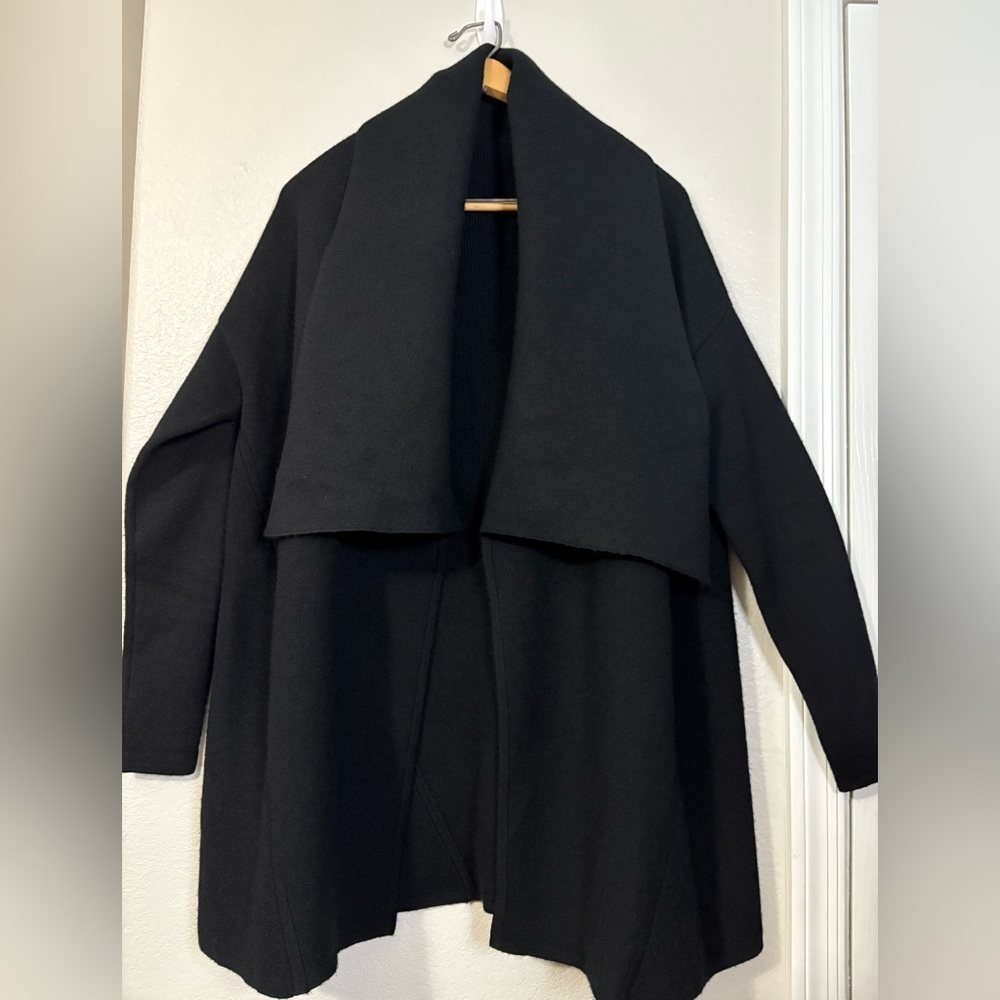 Luxurious Cashmere Black Blanket Coat. 
Mid-length, Shawl‎ Collar. Heavyweight.